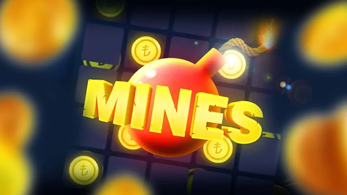 Logo de Mines con bomba y monedas de oro
