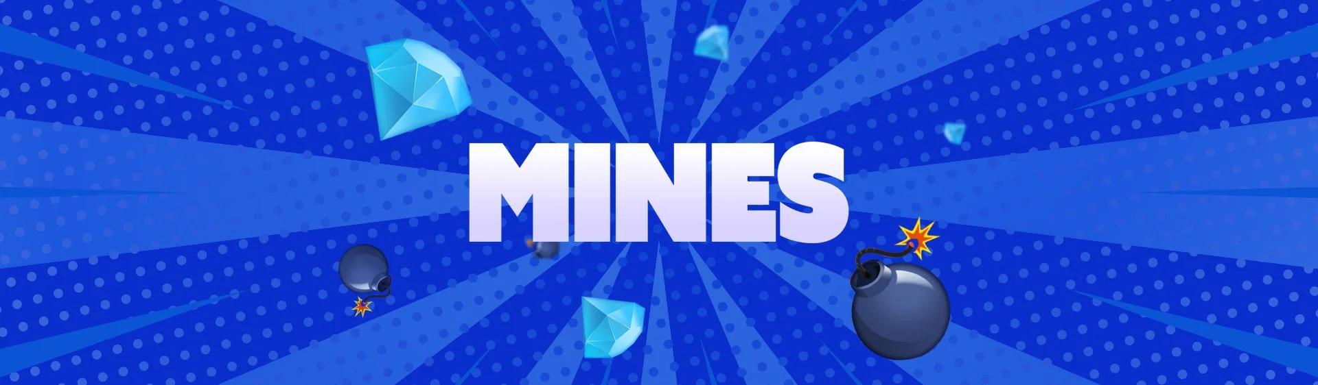 Banner azul del juego Mines con diamante y bomba